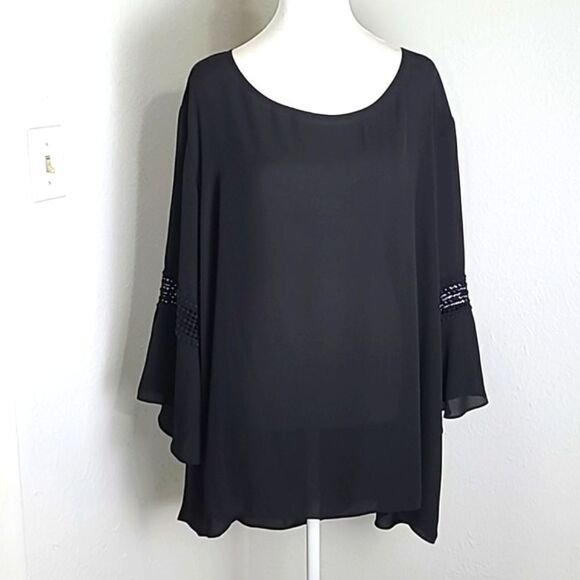 Cato Black Sheer High-Low Top, Bell Sleeves, Embroidered Band, Size 22/24W - Picture 1 of 9